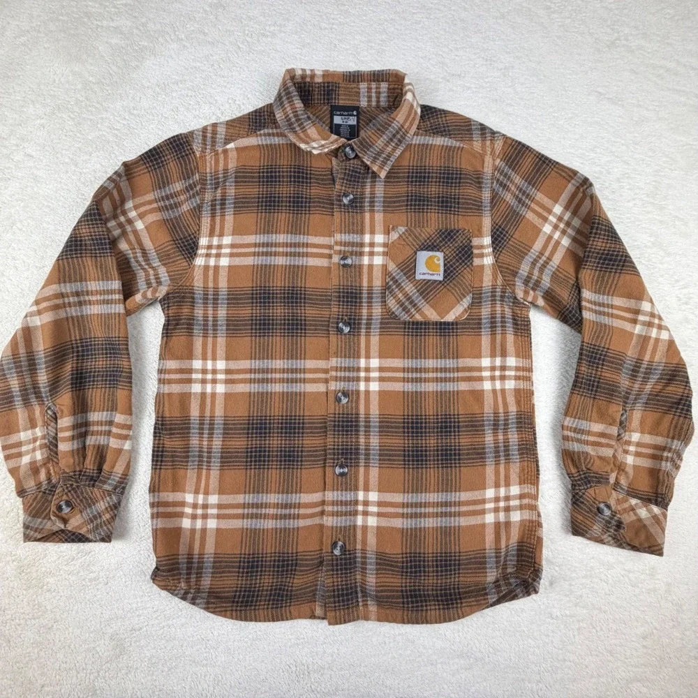 Carhartt Kids Brown Plaid Flannel Long Sleeve‎ Button Up Shirt Size S  (8-10)